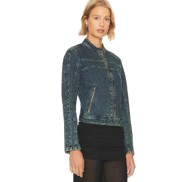 FREE PEOPLE x WE THE FREE Fast Lane Denim Moto Jacket Small Alchemy Blue NWT - Picture 2 of 13
